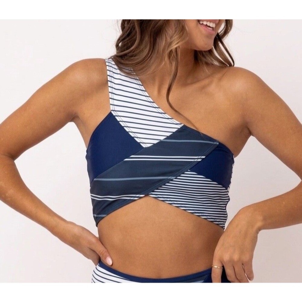 NWT NANI Swimwear Solstice Blue Patchwork Crop Bikini One Shoulder Top Sz XL